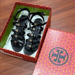 Tory Burch Black Gladiator Sandals with Gold Details